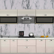 Spread out adhesive marble kitchen wallpaper roll showing peel and stick backing