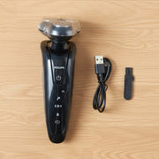 Close-up of rotary shaver trimming beard