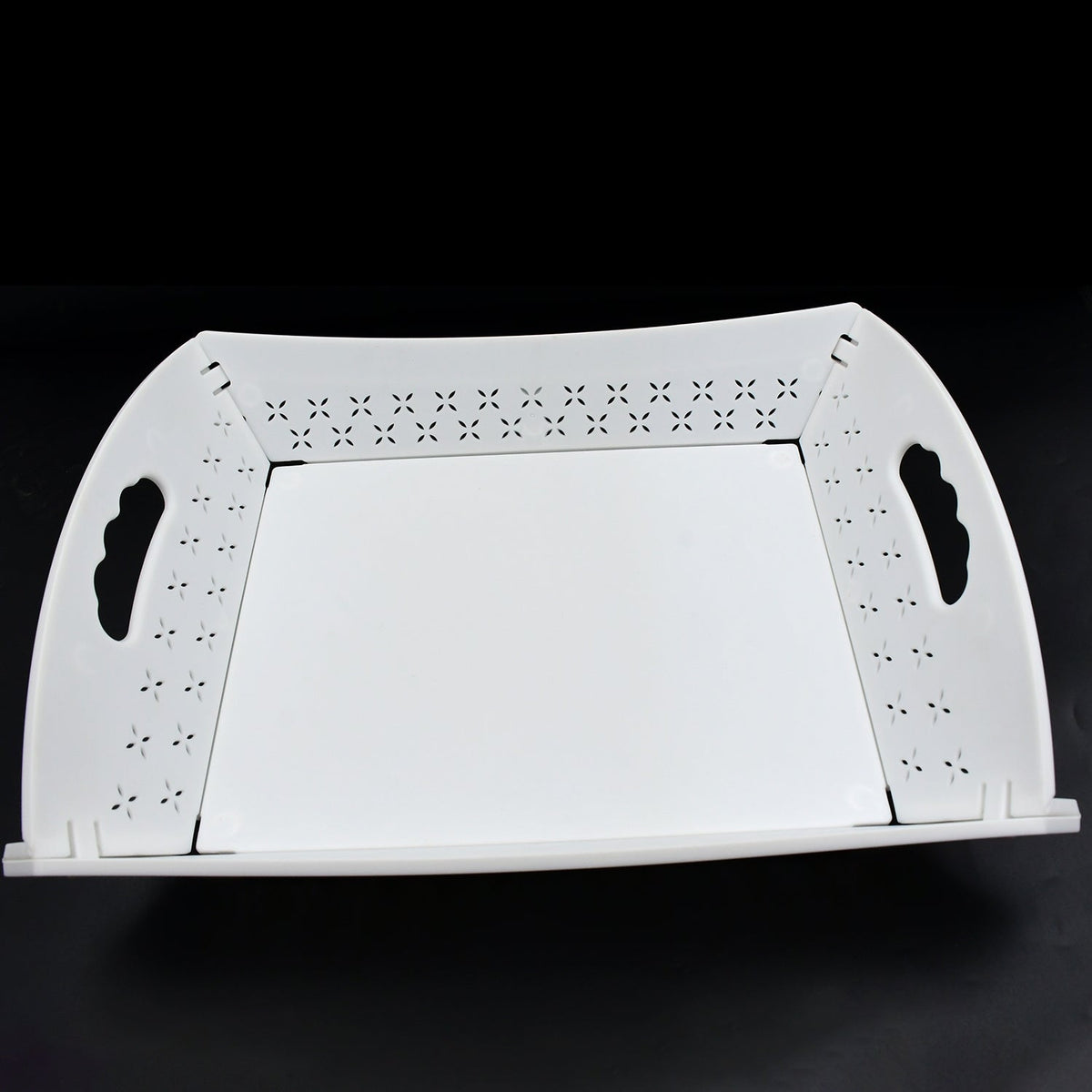 Foldable serving tray ready for use in a kitchen setting, perfect for everyday meals or outdoor gatherings.