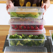 Clear plastic freezer storage container with a removable drain plate, ready for vegetables.