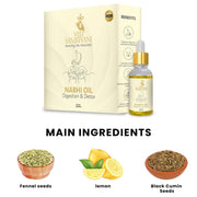 Ved Sanjeevani Digestion Nabhi Oil bottle with herbal ingredients background