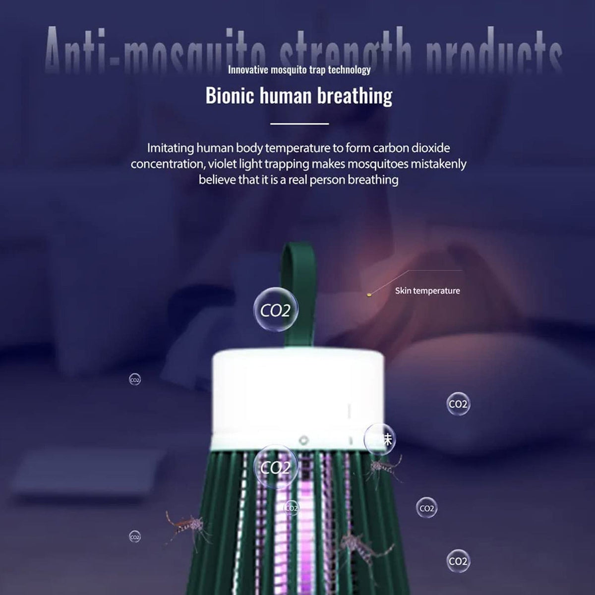A close-up of the dark green Mosquito Killer Lamp shows small mosquitoes and CO2 icons around it.