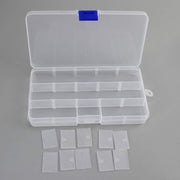 Compact and portable 15-grid plastic organiser for rings, earrings, and small trinkets.