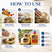 Assortment of metallic items, including brass and copper, gleaming after using Metal Cleaner.