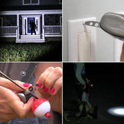 A four-panel collage shows the flashlight in use: illuminating a porch, tightening a screw, cutting fishing line, and