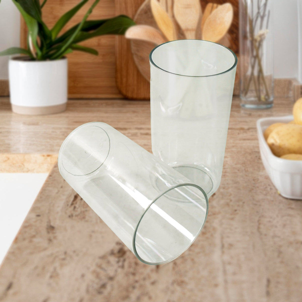 Set of clear plastic tumblers from Apex with durable, glass-like look