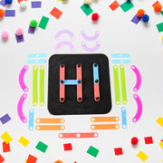 Assortment of colourful educational toy pieces for creative learning.