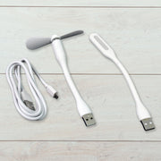 The Portable USB Fan Set components laid out, including the fan, light, and micro USB cable.