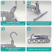 Multiple foldable clothes hangers organized in a compact way.