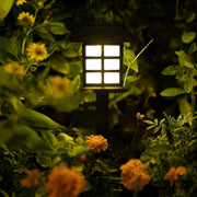 A single black solar garden light glows brightly amidst dark green foliage and soft orange flowers at night.
