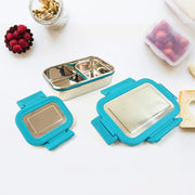 Steel bento style lunch box showing durable stainless steel finish