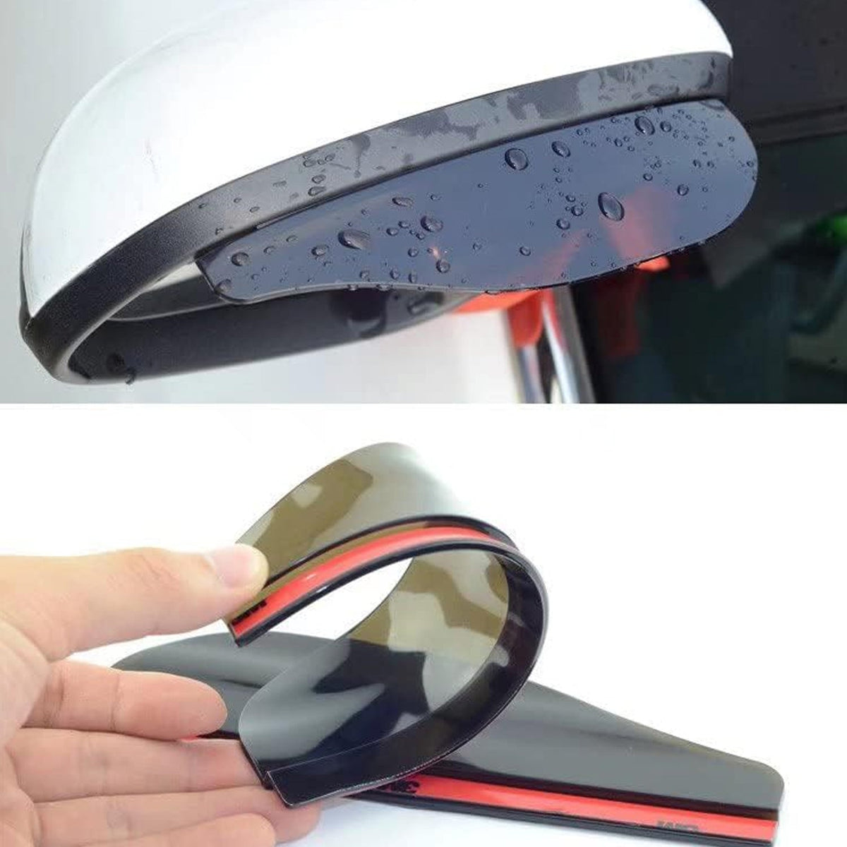 A white car's side mirror with a dark grey rain protector covered in water droplets.