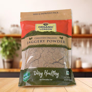Golden harvested organic jaggery powder showing fine granules