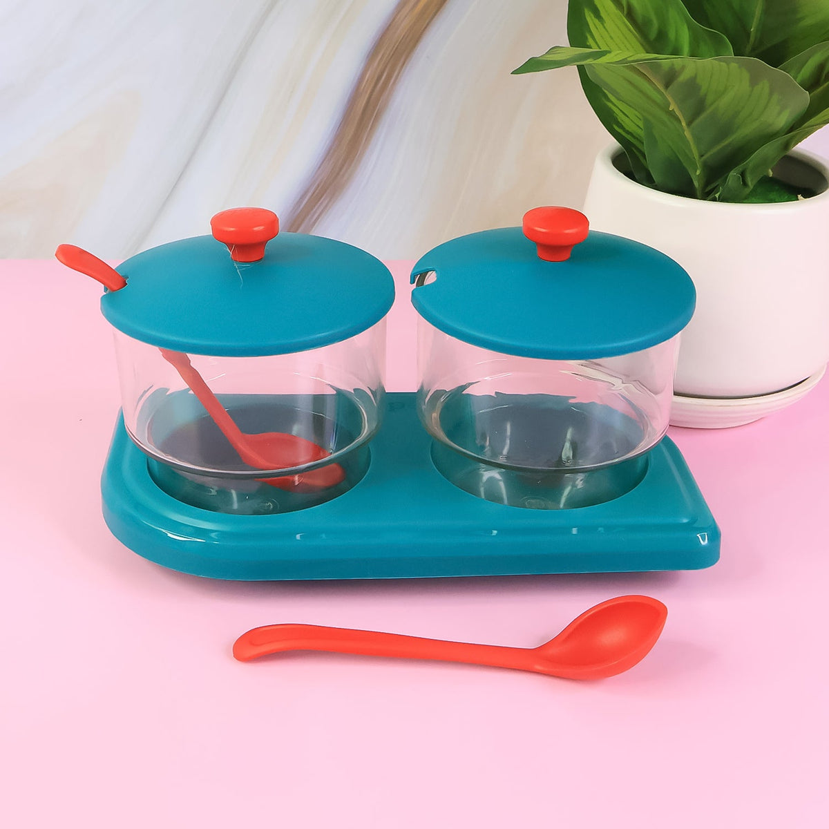 Spice and condiment organizer set placed on a kitchen counter