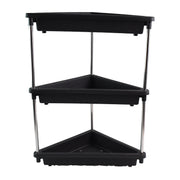 Side view of plastic corner storage rack with 3-layer shelves