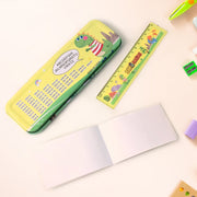 Open dinosaur pencil box revealing colorful pencils inside