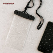 A clear mobile pouch and a phone covered in water droplets, with a black neck strap and a red droplet logo on the pouch.