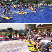 Inflatable surfboard for kids displayed with its key features and dimensions.