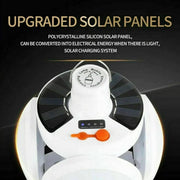 A close-up of the white solar camping light highlights its black polycrystalline silicon solar panels and orange power