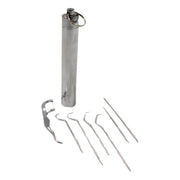 Close-up of the sleek, portable case for the stainless steel dental set.