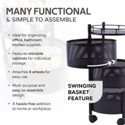 Side angle view of round metal kitchen trolley with wheels