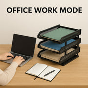 Multifunctional file rack neatly holding magazines and office supplies.