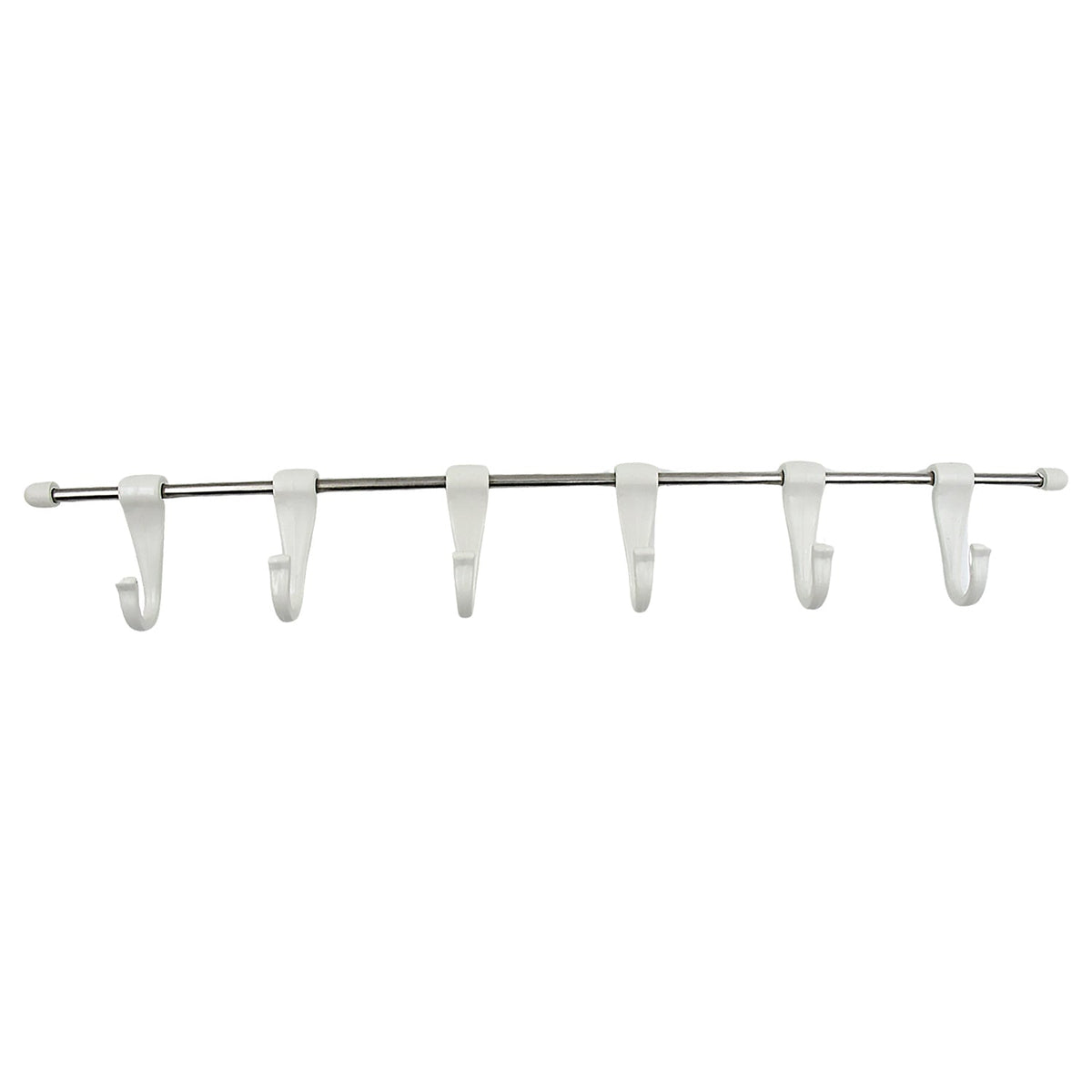Top-down view of the stainless steel utensil hanger rail, showcasing its compact design and hooks.