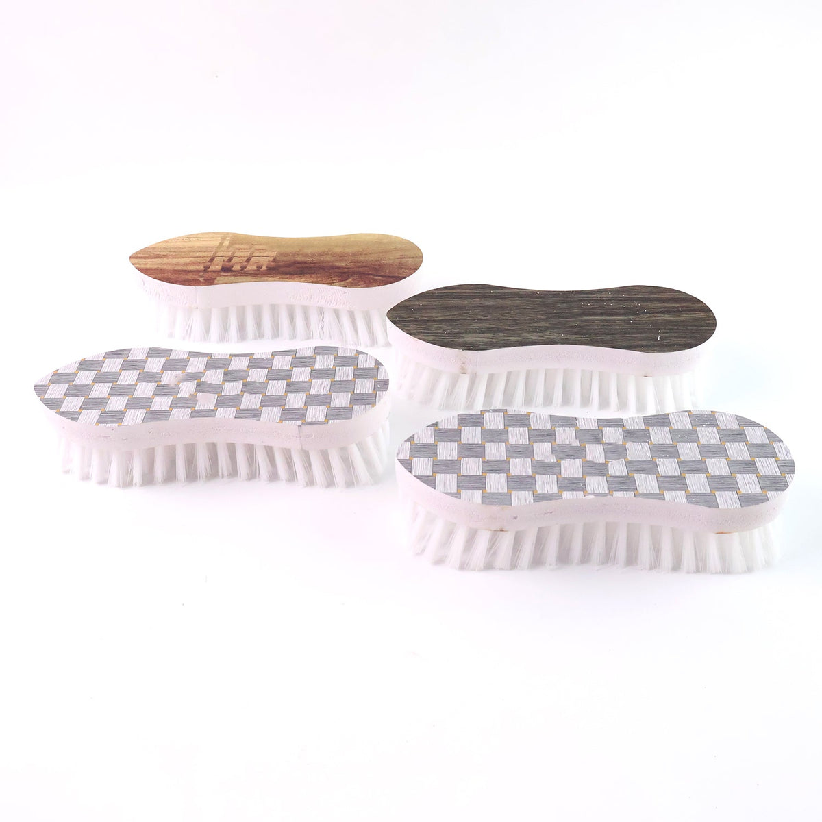 Ergonomic scrub brush set with durable plastic body and stylish printed tops