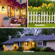 Three scenes show solar lamps: on a balcony wall with purple flowers, on a white picket fence, and illuminating a house