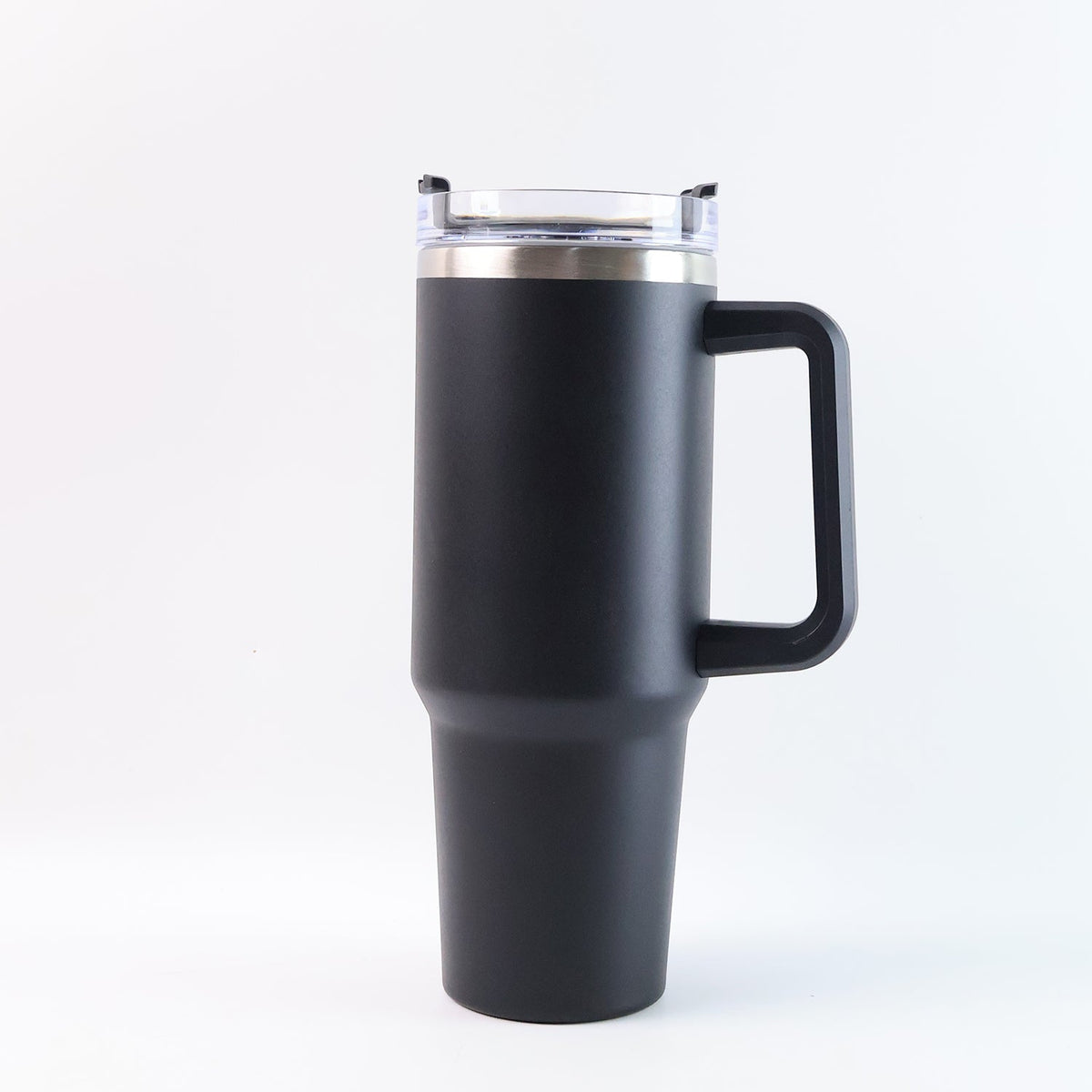 Premium stainless steel vacuum insulated travel mug close-up view