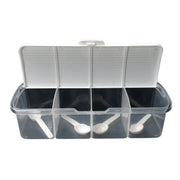 Kitchen countertop organized with the Tidy Table 4-section storage container.