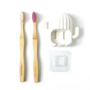 Bathroom organizer set with wall mounted toothbrush holder and bamboo brushes