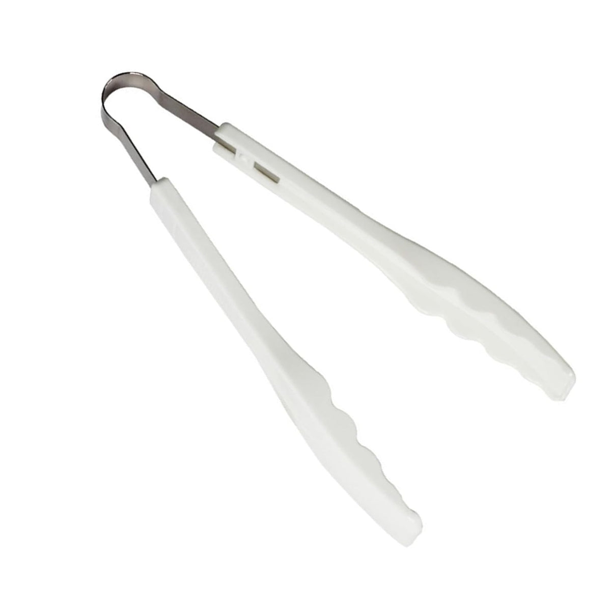 Plastic handle kitchen tongs securely gripping a slice of bread.