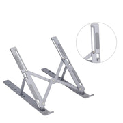The metal portable laptop stand holds a laptop at an optimized height for comfortable viewing.