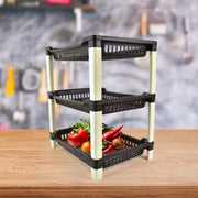 Plastic storage rack side view highlighting tier spacing