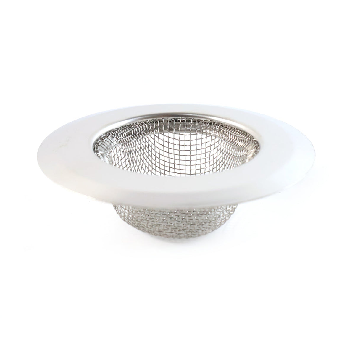 Stainless steel kitchen sink strainer filtering food particles and hair