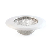 Stainless steel kitchen sink strainer filtering food particles and hair