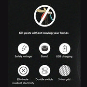 A black background with a 'no mosquito' icon and six feature icons: safety voltage, stand, USB charging, eliminate