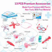 Detailed view of the multi-piece doctor play kit instruments, including stethoscope.