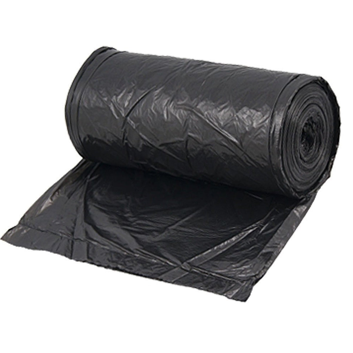 Illustration demonstrating how to easily tear off a black garbage bag from the roll.