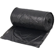 Illustration demonstrating how to easily tear off a black garbage bag from the roll.