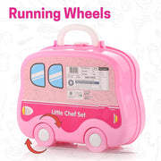 Kids portable kitchen play set opened up for play with a child's hand