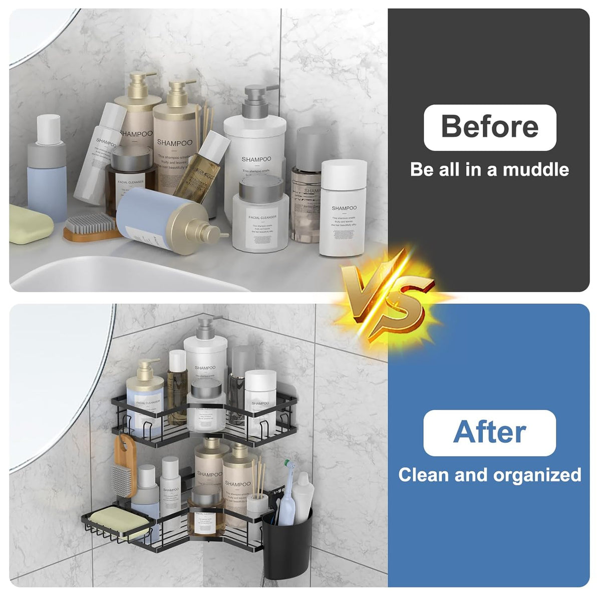 Corner shelf organizer adhesive backing showing easy self-adhesive installation method