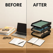 Organized office desk featuring the sleek multifunctional file rack.
