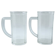 Close-up of transparent plastic drink mug with comfortable handle