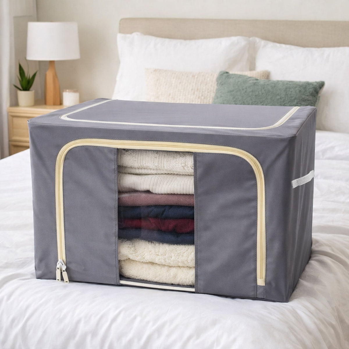 Stylish foldable storage box filled with clothes, featuring a transparent front window for easy viewing.