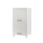 Versatile storage solution with two transparent drawers for easy item identification.