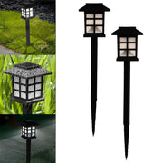 Two black solar garden lights stand on the right, while three insets on the left show them in different outdoor scenarios.