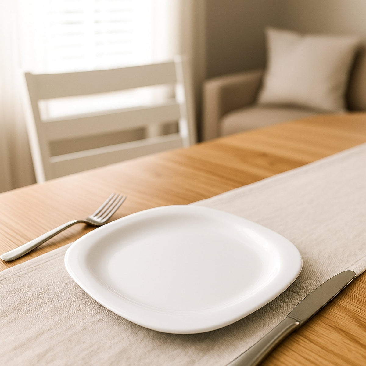 Modern white square plastic dinner plate with raised rim