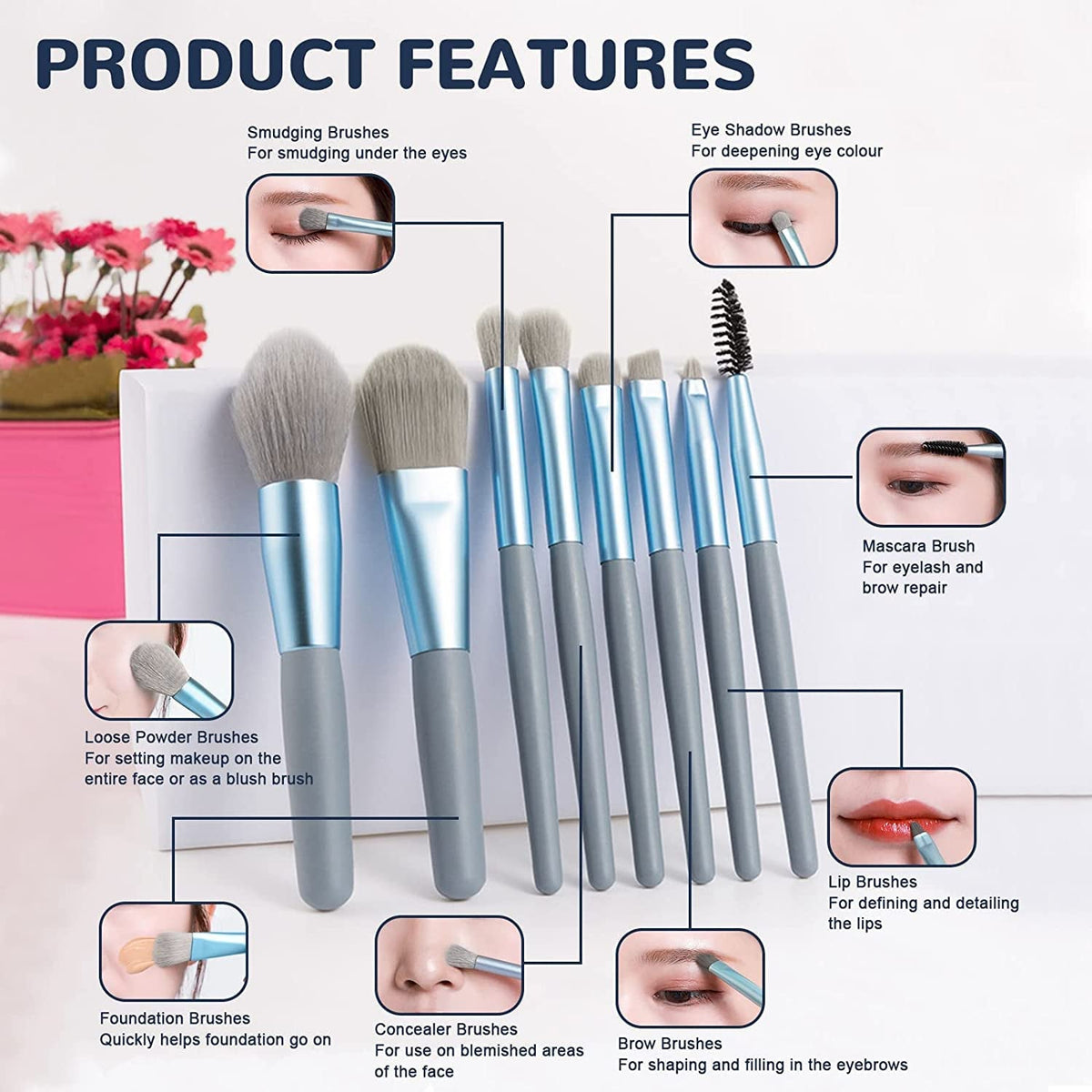 The complete collection of 8 makeup brushes with their handles in mixed pastel colors.